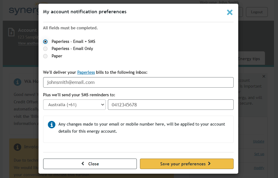 Account preferences in Synergy My Account