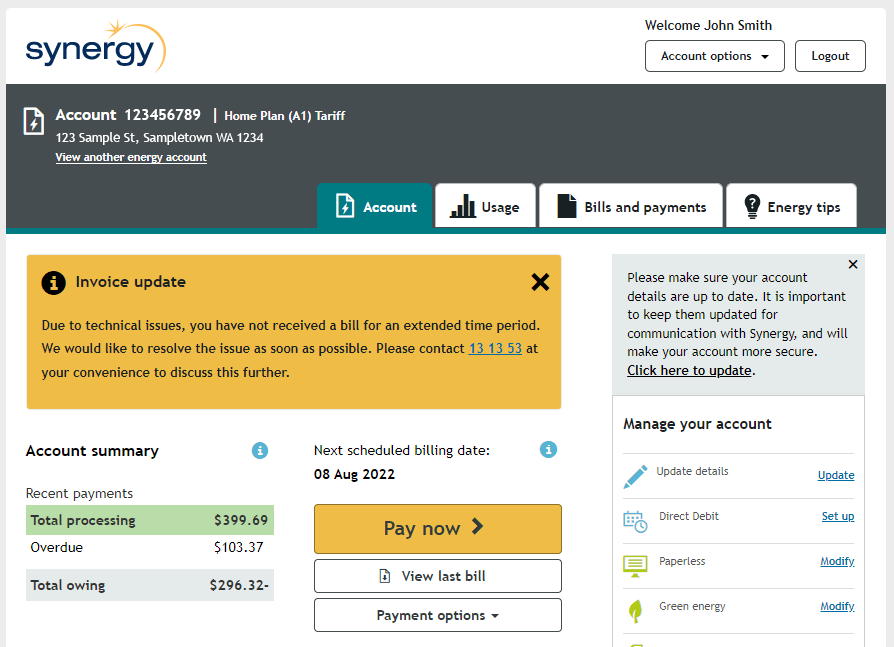 Direct Debit set up dashboard in Synergy My Account 