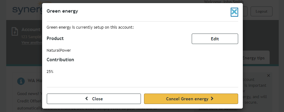 Green energy options in Synergy My Account