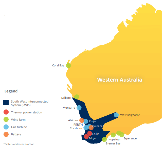 Map of Western Australia showing Synergy's generation mix