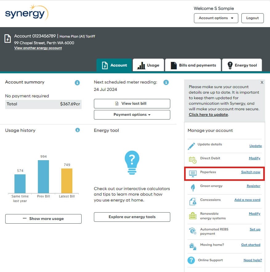 Paperless Switch Now in My Account Step 2 screenshot